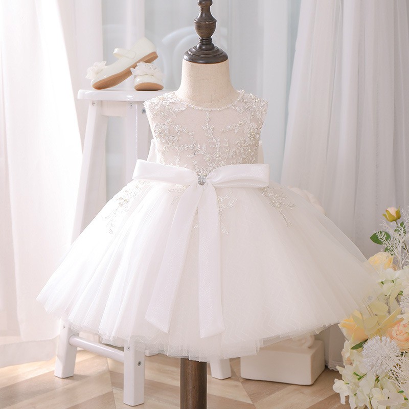 Couture Embroidered Pearls Ballgown Flower Girl Dress With Big Bow Knot ...