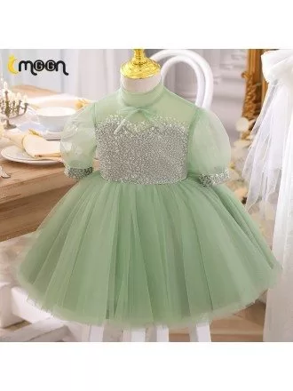 Green Tulle Super Cute Tutus Girls Party Dress With Bling Sequins