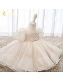 Princess Ballgown Light Pink Girls Party Dress Beaded Lace With Bubble Sleeves