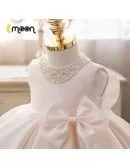 Luxe Pearl Neckline Satin Flower Girl Dress With Big Bow Knot
