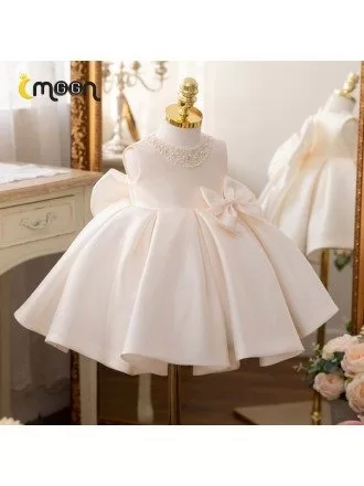 Luxe Pearl Neckline Satin Flower Girl Dress With Big Bow Knot