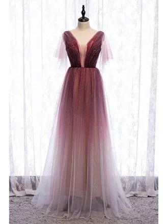 Fantasy Bling Tulle Aline Long Prom Dress with Deep Vneck Tulle Sleeves