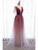 Fantasy Bling Tulle Aline Long Prom Dress with Deep Vneck Tulle Sleeves