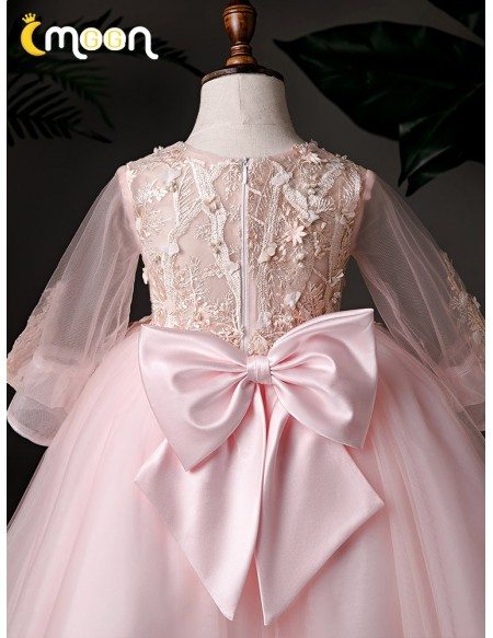 Pink Ballgown Tulle Tea Length Girls Formal Dress With Appliques Sheer Sleeves
