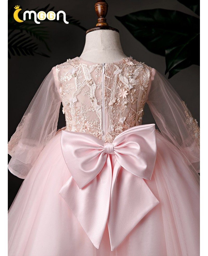 Pink Ballgown Tulle Tea Length Girls Formal Dress With Appliques Sheer ...