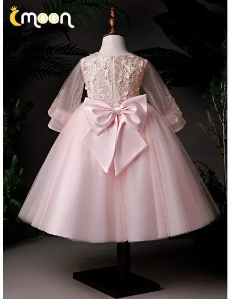 Pink Ballgown Tulle Tea Length Girls Formal Dress With Appliques Sheer Sleeves