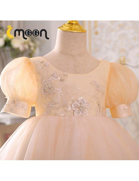Champagne Bubble Sleeved Ballgown Girls Formal Dress Tutus With Beading Sequins