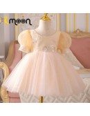 Champagne Bubble Sleeved Ballgown Girls Formal Dress Tutus With Beading Sequins
