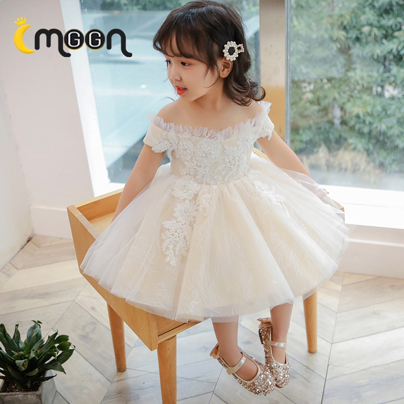 Girls Off Shoulder Lace Applique Holiday Dress