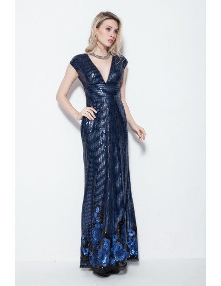 Empire Waist Deep V Long Sequin Blue Dress with Key Hole Back