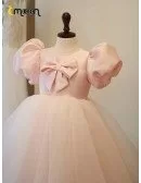 Retro Pink Bubble Sleeved Tulle Party Dress For Little Girls