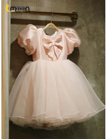 Retro Pink Bubble Sleeved Tulle Party Dress For Little Girls