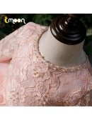 Pink Beaded Lace Ruffles Ballgown Girls Party Dress With Long Sleeves