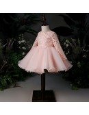 Pink Beaded Lace Ruffles Ballgown Girls Party Dress With Long Sleeves