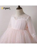 Polka Dot Pink Tulle Girls Formal Party Dress With Long Sleeves