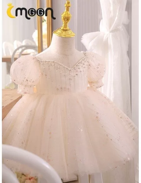 Beaded Sequins Champagne Tulle Princess Flower Girl Dress With Bubble Sleeves