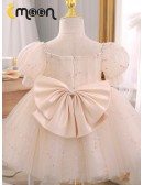 Beaded Sequins Champagne Tulle Princess Flower Girl Dress With Bubble Sleeves