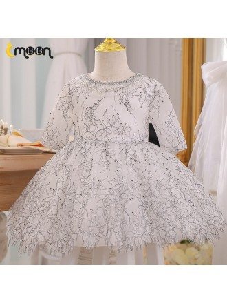 Unique Black Lace Girls Formal Dress For Pageant Beaded Neckline With Sleeves