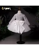 Elegant White Tulle Grey Lace Wedding Flower Girl Dress With Long Sleeves