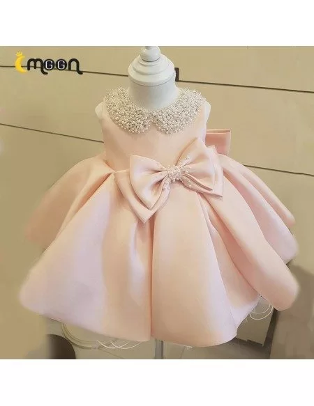 Super Cute Pink Satin Ballgown Girls Party Dress With Jeweled Collar