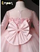 Pink Beaded Flowers Short Tulle Party Dress Long Sleeved For Little Girls
