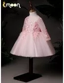 Pink Beaded Flowers Short Tulle Party Dress Long Sleeved For Little Girls