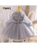 Grey Tulle Tutus Girls Party Dress With Bling Sequins Sheer Sleeves