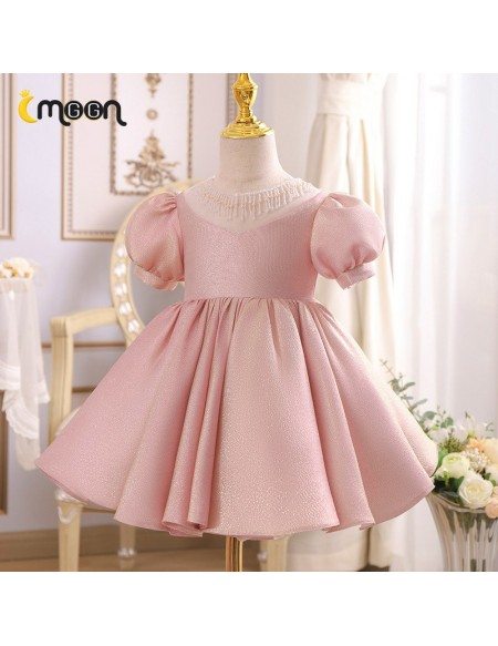 Shinny Pink Ballgown Girls Formal Dress With Beaded Neckline Sleeves