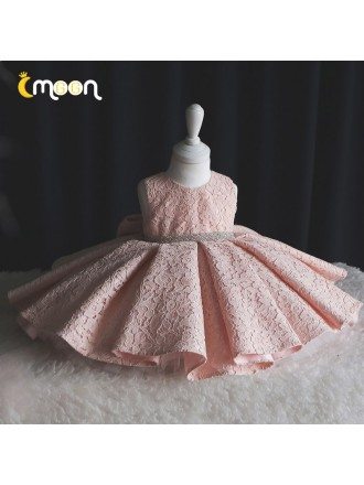 Full Pink Lace Little Girls Pageant Gown Ruffled With Jeweled Sash