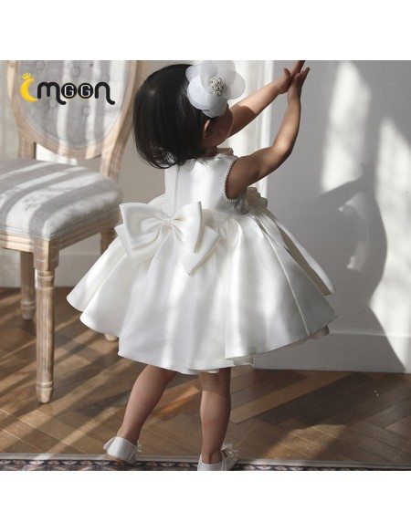 Satin Ruffled Ballgown Flower Girl Dress With Pearls And Bow Knot