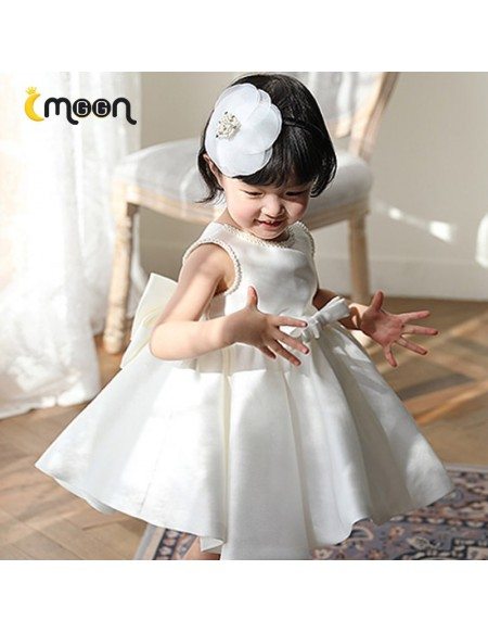 Satin Ruffled Ballgown Flower Girl Dress With Pearls And Bow Knot
