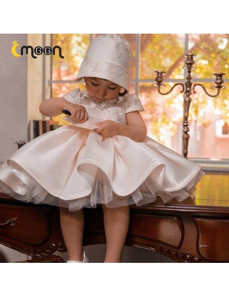 Unique Lace Satin Ballgown Baby Pageant Gown With Bubble Sleeves