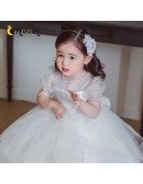 Puffy Ballgown Tulle Girls Party Dress With Beaded Sleeves