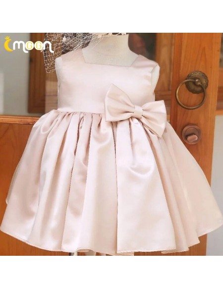 Cute Pink Square Neckline Satin Flower Girl Dress With Bow Knot