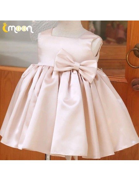 Cute Pink Square Neckline Satin Flower Girl Dress With Bow Knot