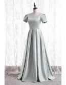 Elegant Beaded Neckline Satin Pleated Formal Dress with Short Sleeves