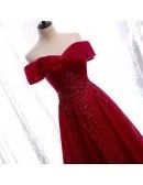 Off Shoulder Burgundy Bling Tulle Prom Dress with Appliques