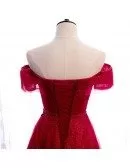 Off Shoulder Burgundy Bling Tulle Prom Dress with Appliques