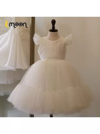 Super Cute White Tulle Ballgown Girls Formal Dress With Bling Sequins