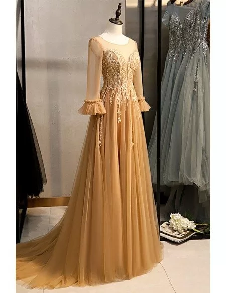 Illusion Round Neck Long Tulle Gold Prom Dress with Sheer Sleeves
