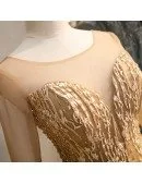 Illusion Round Neck Long Tulle Gold Prom Dress with Sheer Sleeves