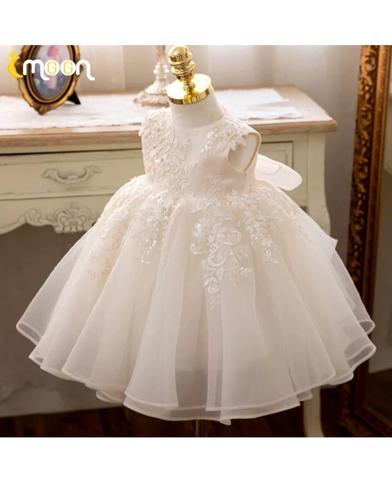 Sequined Lace Ballgown Flower Girls Party Dress With Big Bow In Back ...