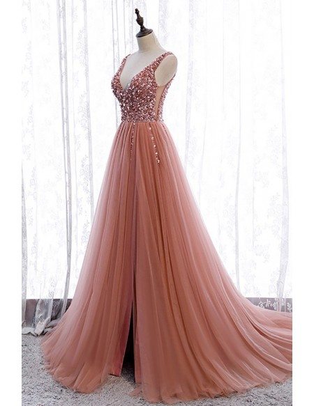 Sequined Vneck Split Pink Prom Dress Aline Sleeveless with Train