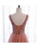 Sequined Vneck Split Pink Prom Dress Aline Sleeveless with Train
