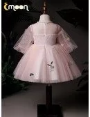 Super Cute Pink Tulle Girls Birthday Party Dress With Pearls Round Neck