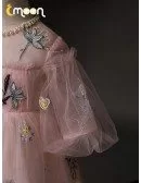 Super Cute Pink Tulle Girls Birthday Party Dress With Pearls Round Neck