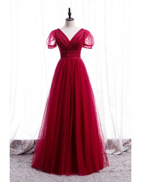 Sequined Vneck Burgundy Tulle Party Dress with Bubble Sleeves MX16049 ...