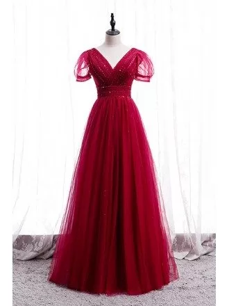 Sequined Vneck Burgundy Tulle Party Dress with Bubble Sleeves