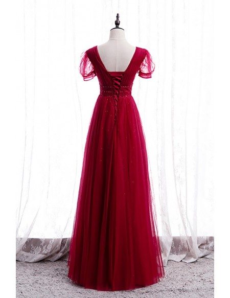 Sequined Vneck Burgundy Tulle Party Dress with Bubble Sleeves MX16049 ...