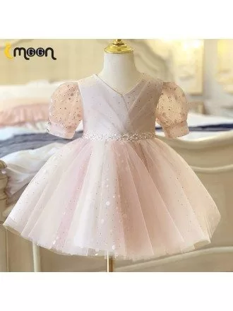 Pink Little Princes Pleated Tulle Tutus Party Dress With Sleeves